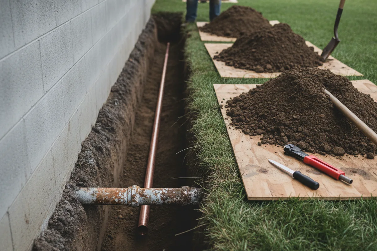 Excavated water line trench during Sewer Line Repair in Pecatonica